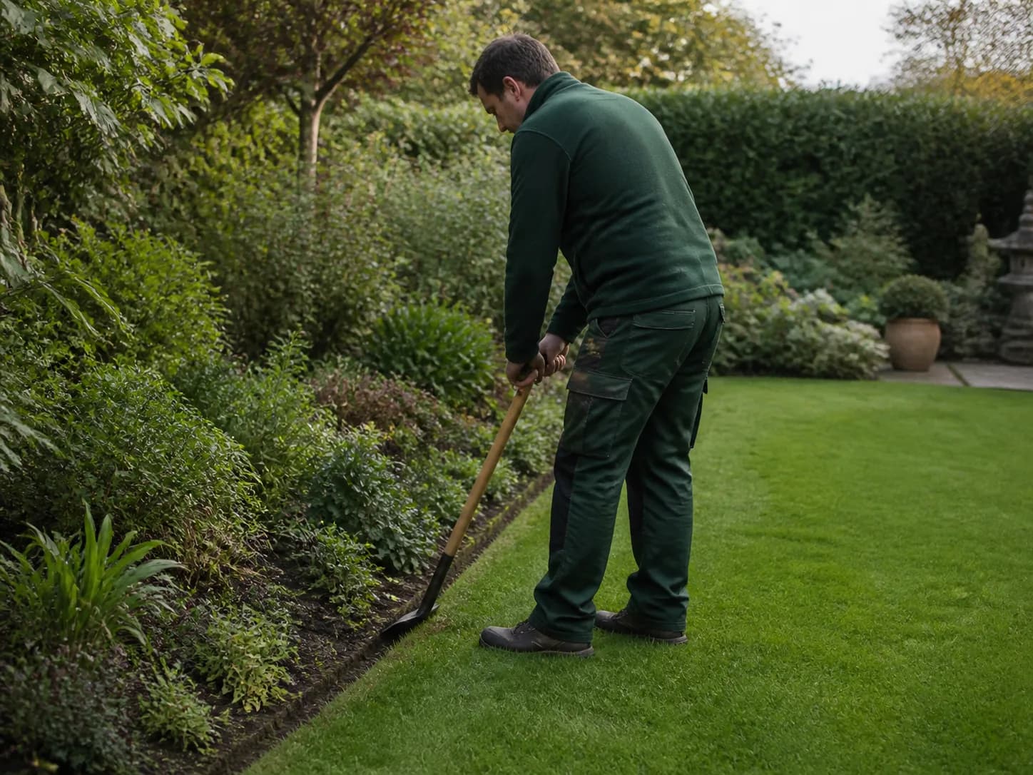 Surrey Leaf gardener carefully edging an established lawn